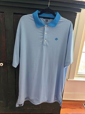 Peter Millar Lt Blue Striped Polo w/Bright Blue Collar NWOT Oak Tree National